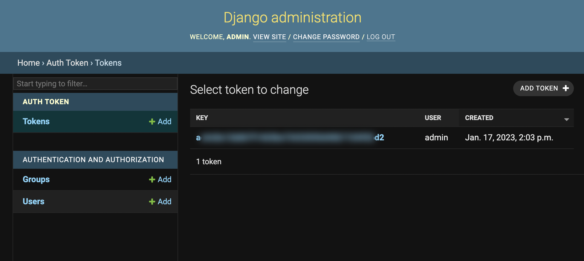Screenshot of the Django admin panel with the generated access token